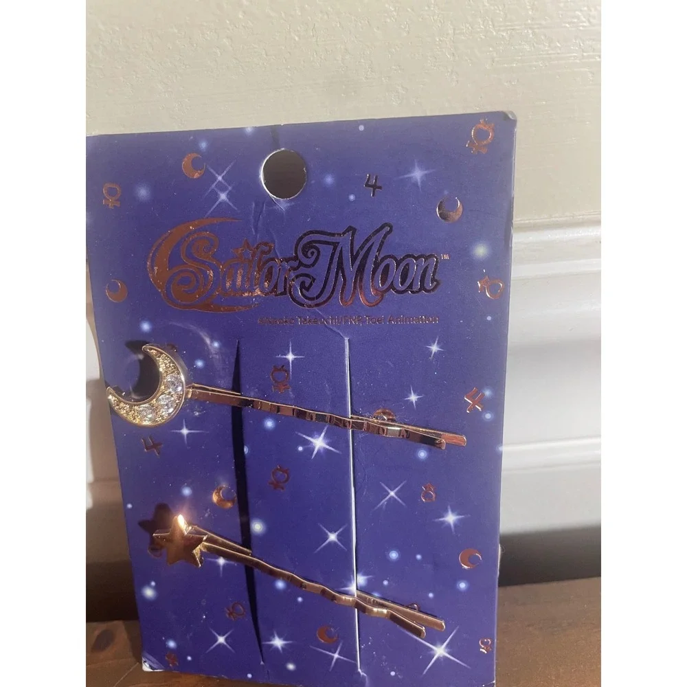 Sailor Moon Bobby Pins Set Gold Tone Crescent Moon Star Rhinestone Hair Clips